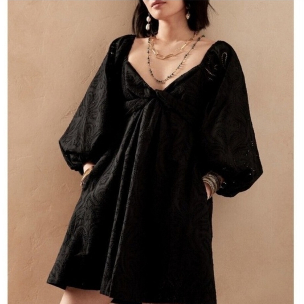 Banana Republic Eyelet Twist Front Black Mini Dress Lg 100% Cotton Balloon Sleev